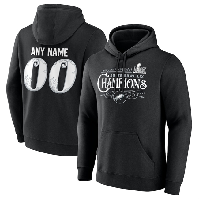 Men's Black Philadelphia Eagles Active Player Custom 2025 Super Bowl LIX Champions Name & Number Pullover Hoodie